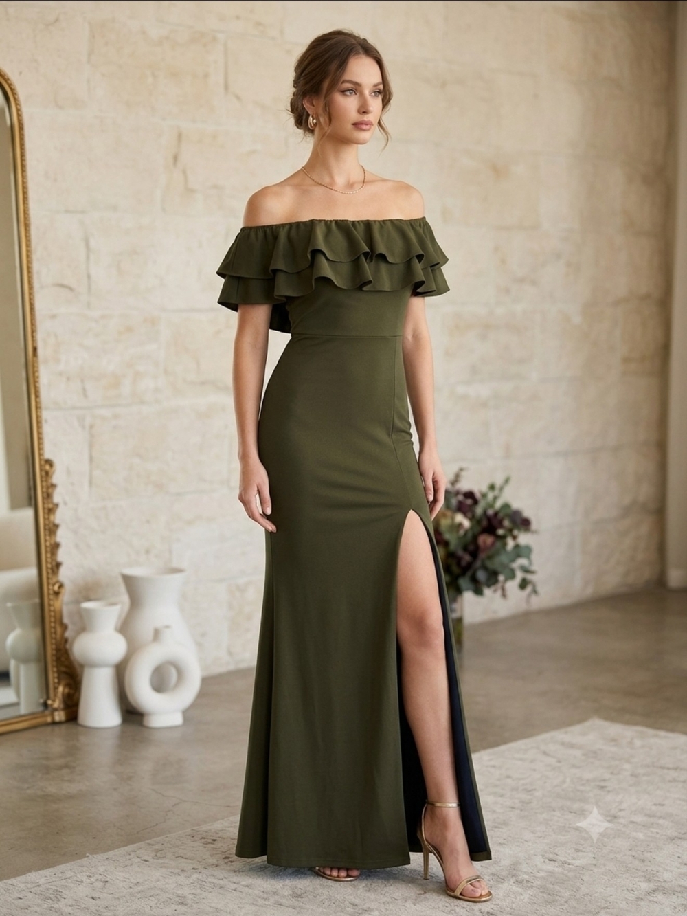 Olive Off-Shoulder Ruffle Evening Gown